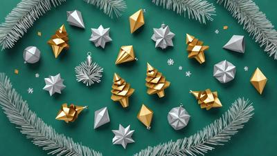 The primary subject of the image is a collection of Christmas ornaments, including gold and silver stars, pine cones, and other decorations. These ornaments are arranged on a green surface, which serves as the background. The visual style of the image is a combination of photo and digital art, creating a festive and colorful atmosphere. The dominant colors in the image are green, gold, and silver, reflecting the holiday theme.